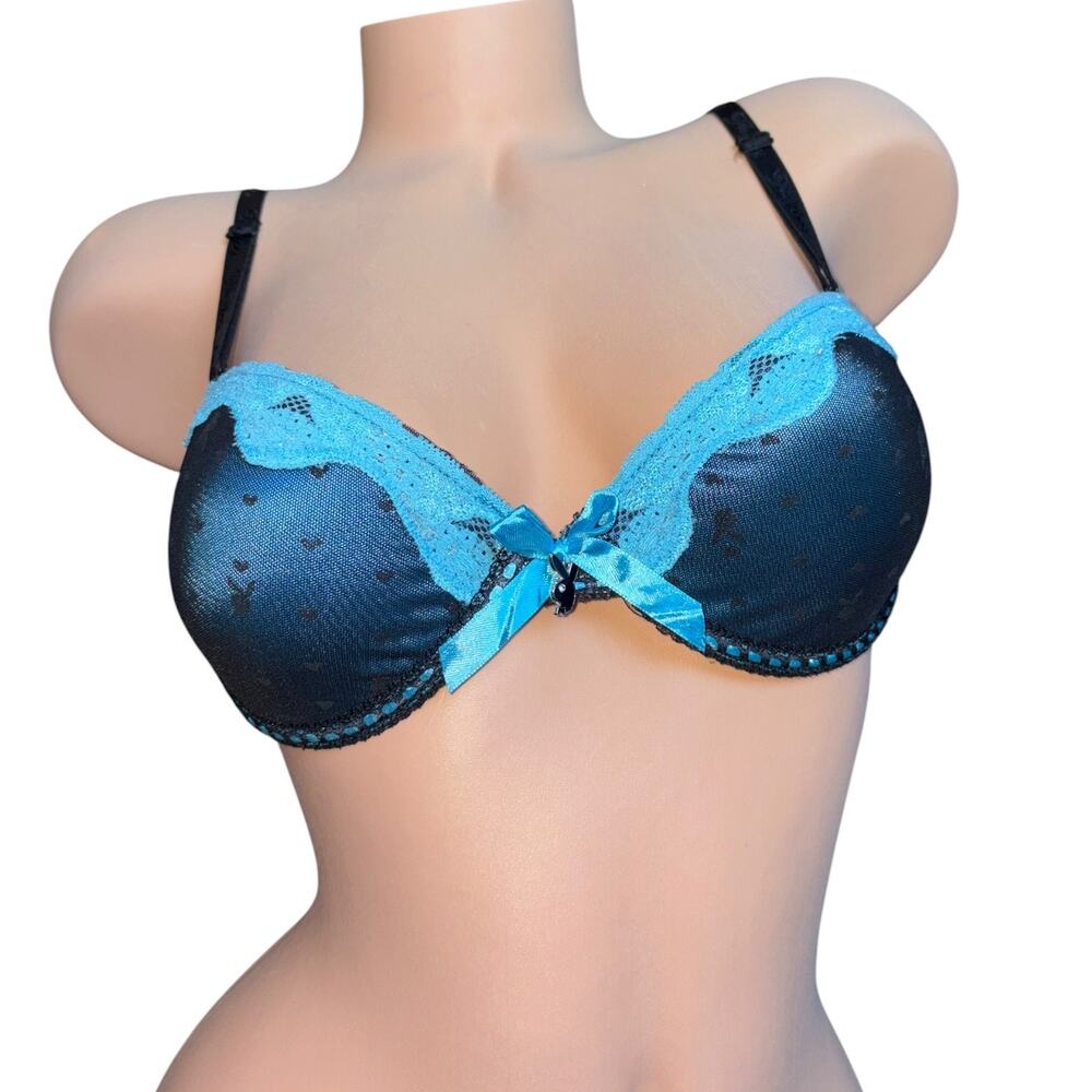 Playboy Bunny Intimates VTG Y2K Mesh Push Up Bra Blue Black Lace Med 34B 34C 36B